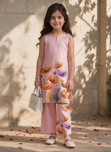 Girls' Pink Cotton Kurti and Semi Palazzo Set – Printed