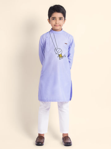 Boys Purple Printed Kurta With Pyjama