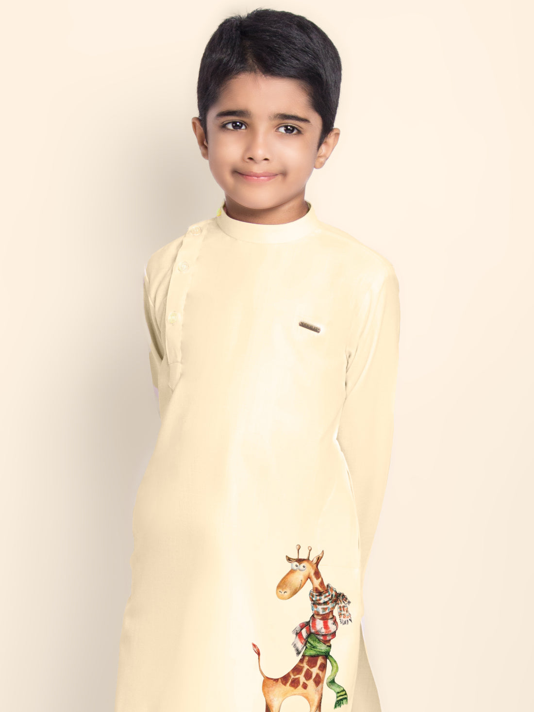 Boys Beige Printed Kurta With Pyjama