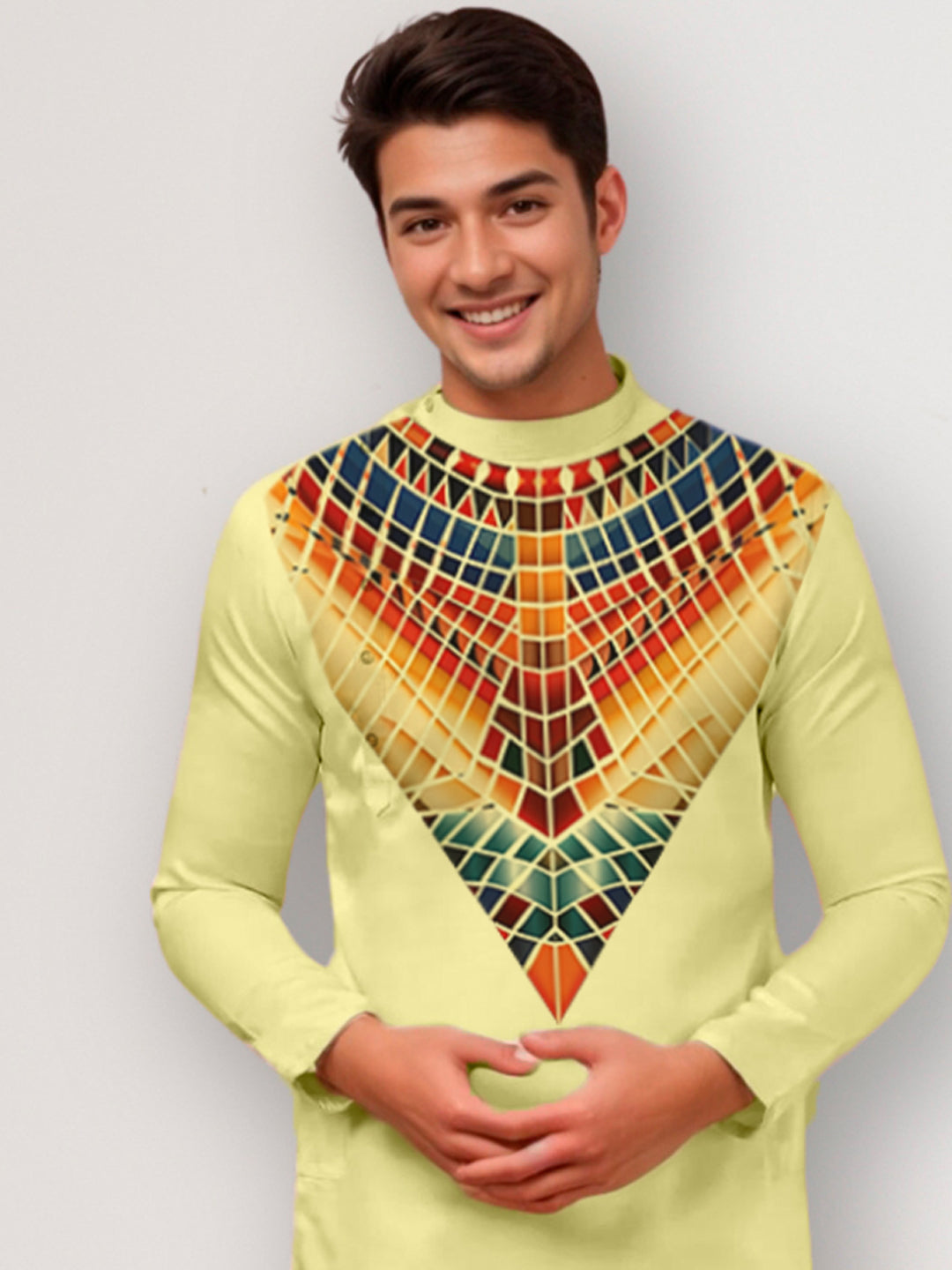 Mens Lime Green Side Placket Printed Kurta Wite Pyjama Set