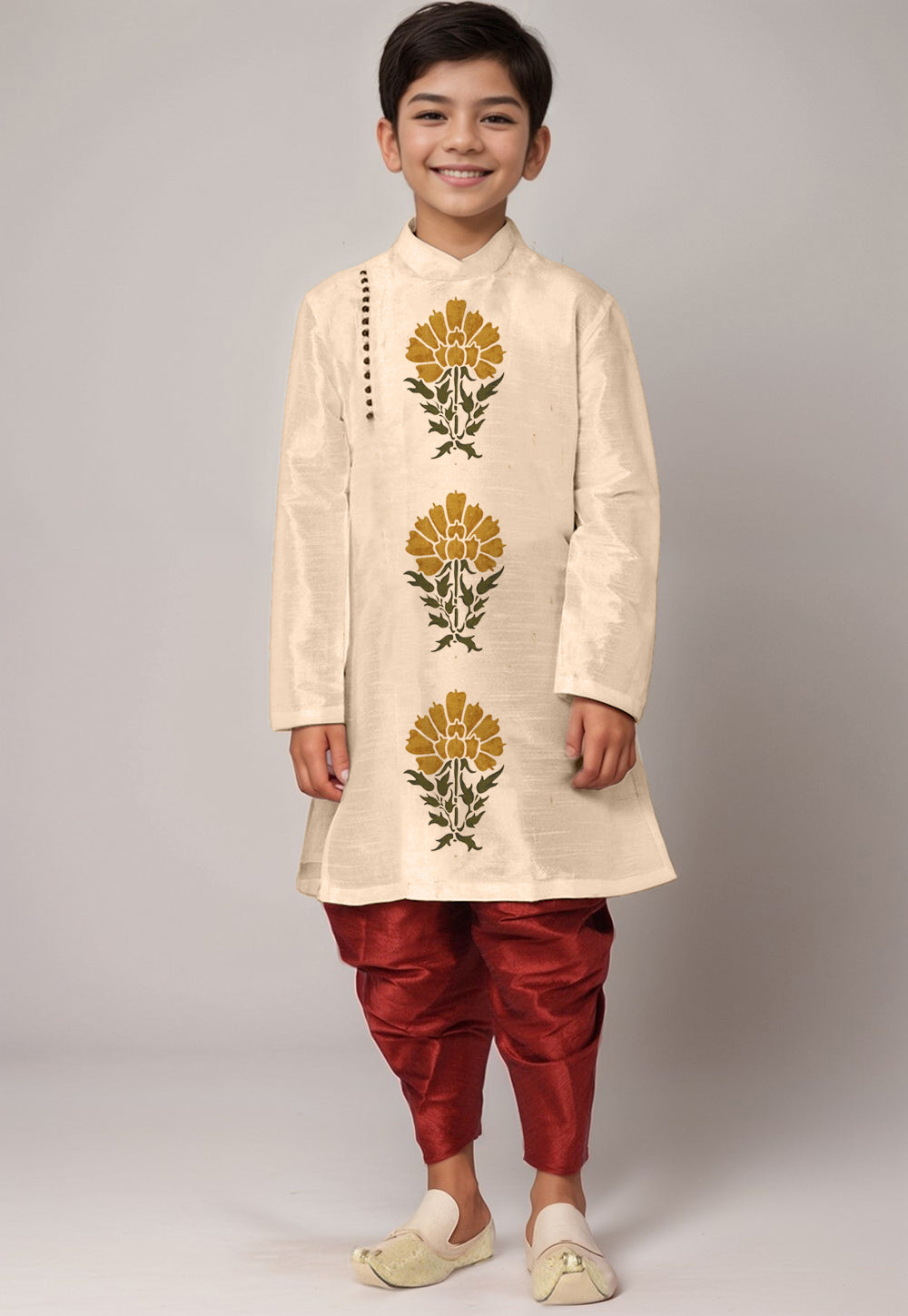 Boys Beige Printed Kurta With Dhoti