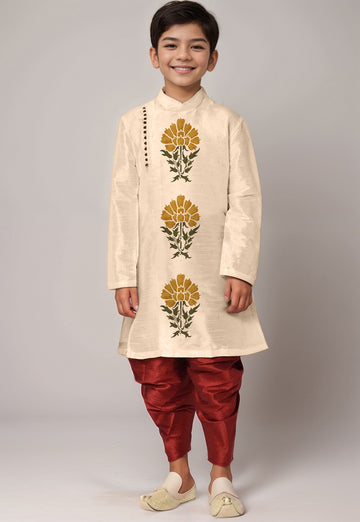 Boys Beige Printed Kurta With Dhoti