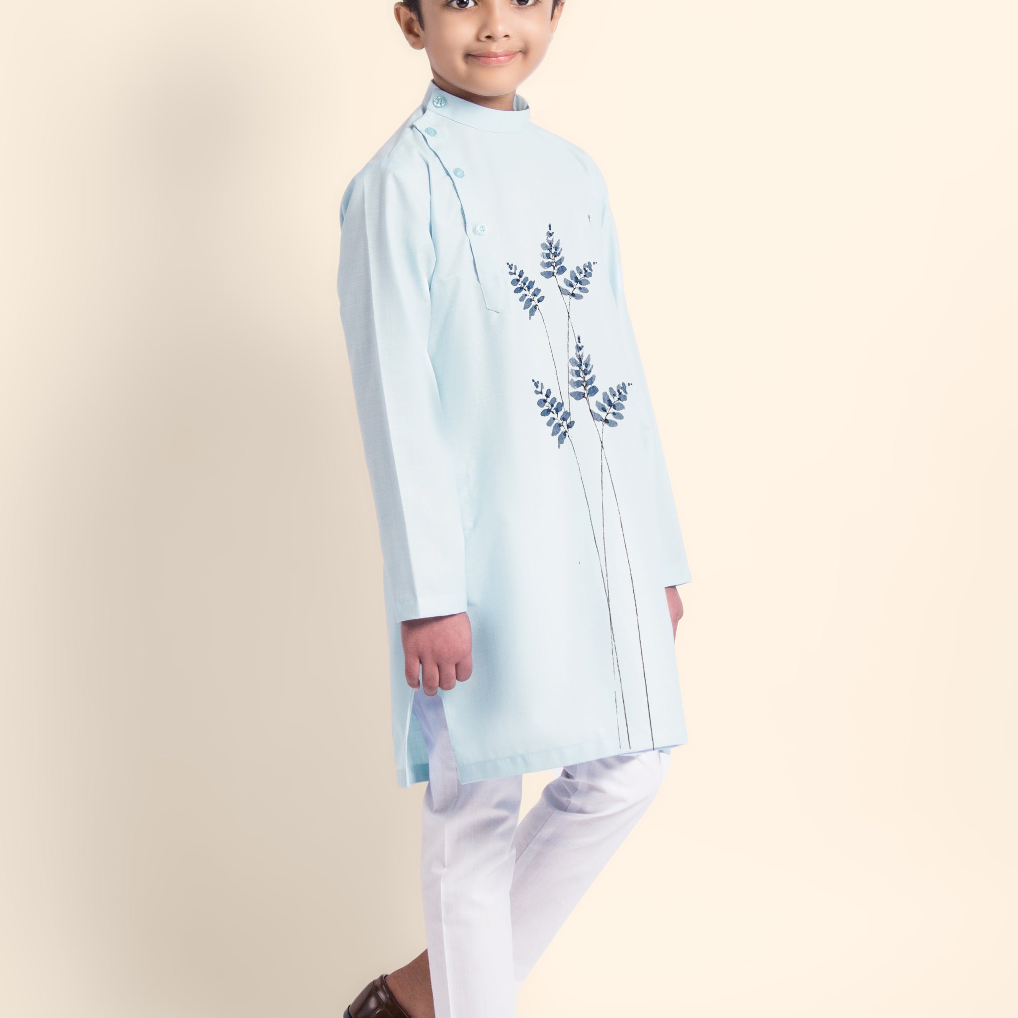 Boys Sky Blue Printed Kurta With Pyjama