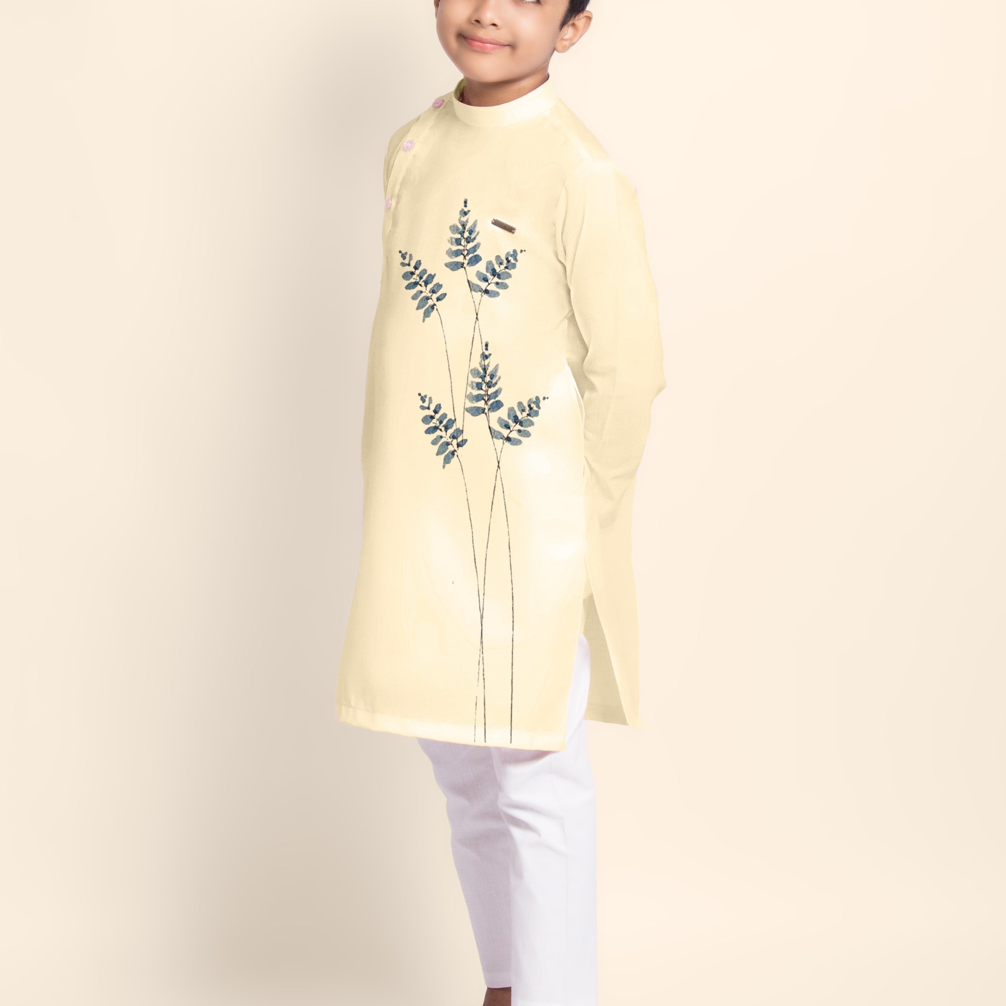 Boys Beige Printed Kurta With Pyjama