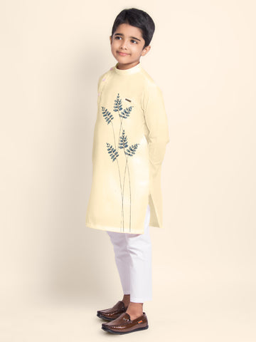 Boys Beige Printed Kurta With Pyjama