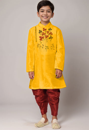 Boys Yellow Printed Kurta With Dhoti