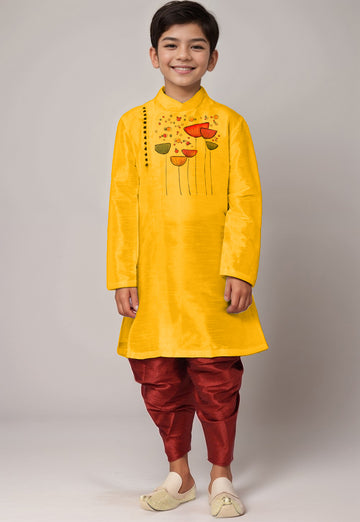 Boys Yellow Printed Kurta With Dhoti