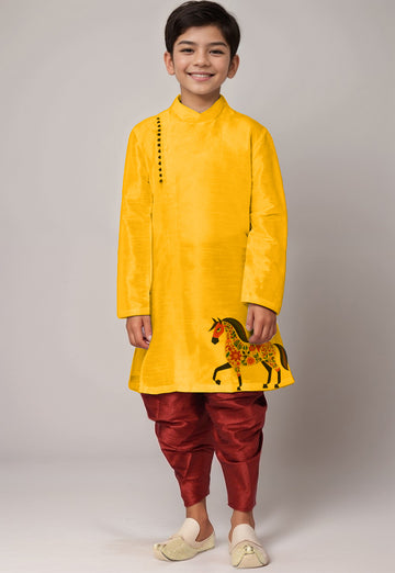 Boys Yellow Printed Kurta With Dhoti