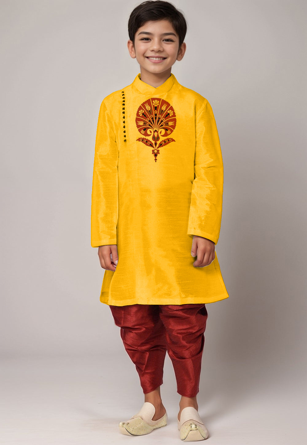 Boys Yellow Printed Kurta With Dhoti