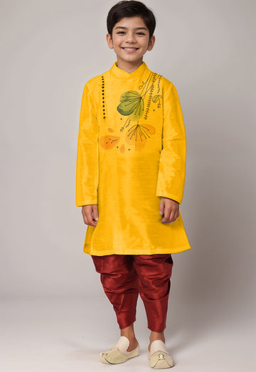 Boys Yellow Printed Kurta With Dhoti