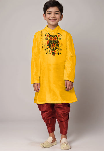 Boys Yellow Printed Kurta With Dhoti
