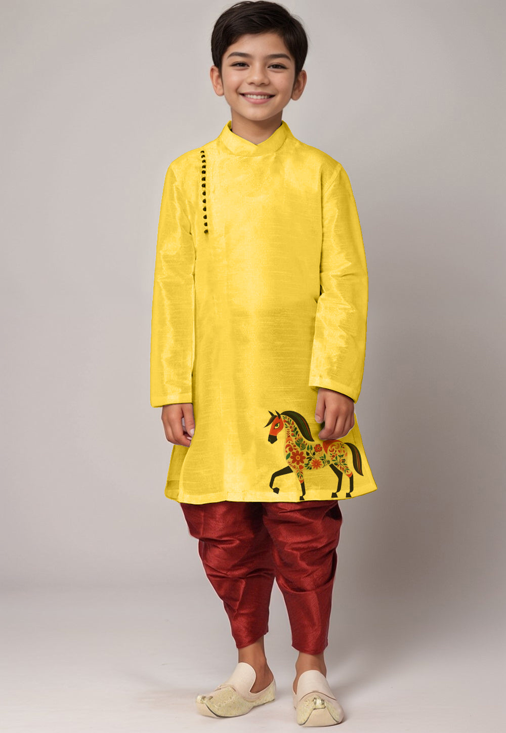 Boys Yellow Printed Kurta With Dhoti