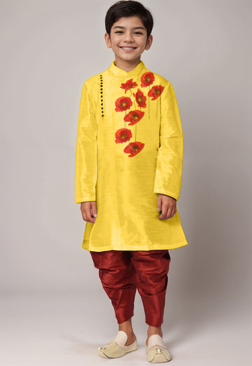 Boys Yellow Printed Kurta With Dhoti
