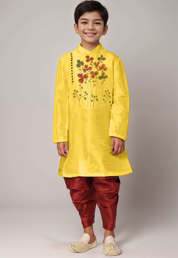 Boys Yellow Printed Kurta With Dhoti