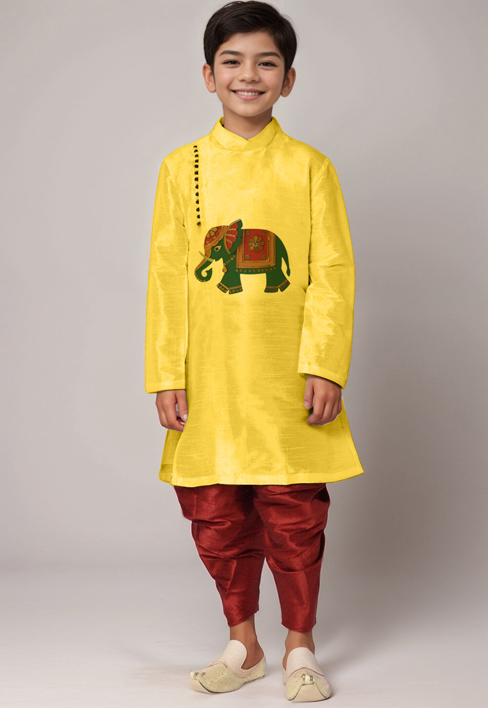 Boys Yellow Printed Kurta With Dhoti