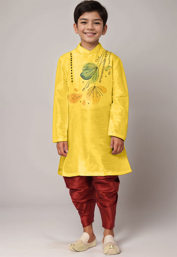 Boys Yellow Printed Kurta With Dhoti