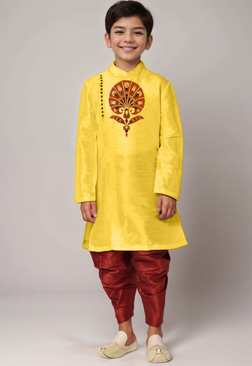 Boys Yellow Printed Kurta With Dhoti