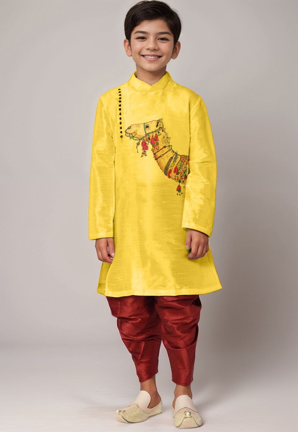 Boys Yellow Printed Kurta With Dhoti
