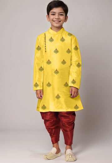 Boys Yellow Printed Kurta With Dhoti