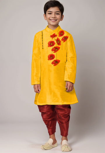 Boys Yellow Printed Kurta With Dhoti