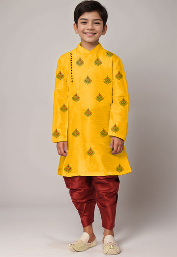 Boys Yellow Printed Kurta With Dhoti