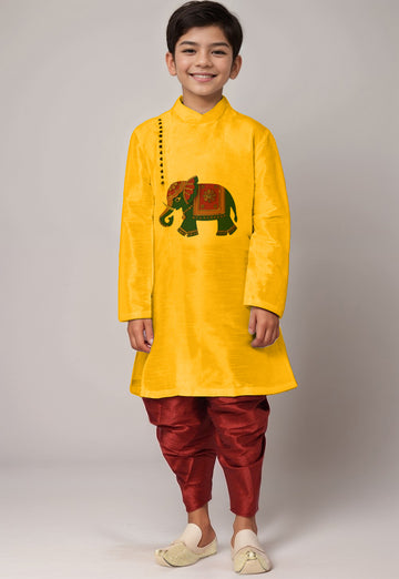 Boys Yellow Printed Kurta With Dhoti