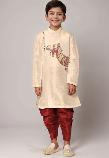 Boys Beige Printed Kurta With Dhoti