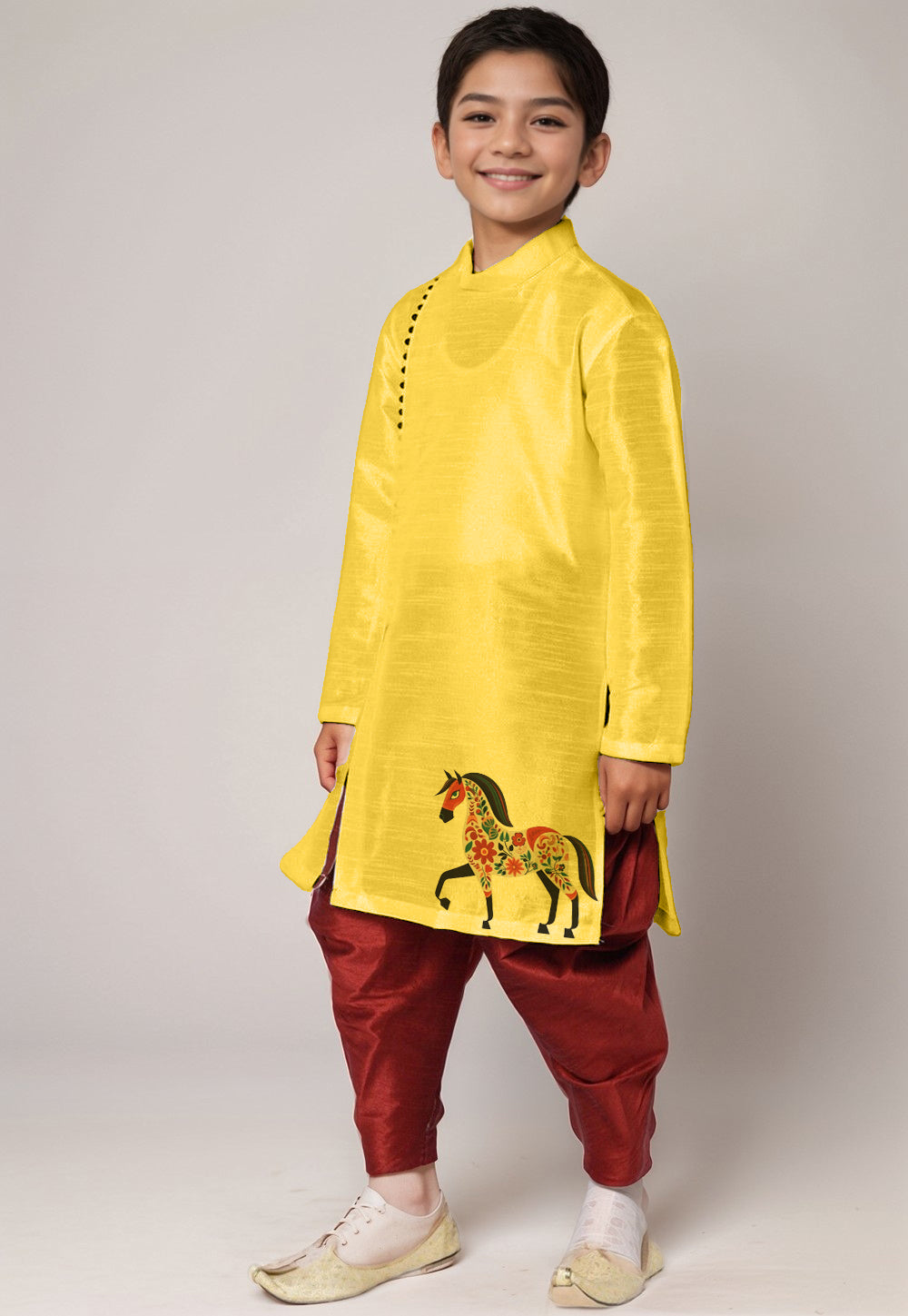 Boys Yellow Printed Kurta With Dhoti