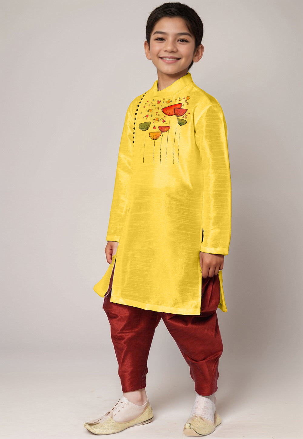 Boys Yellow Printed Kurta With Dhoti