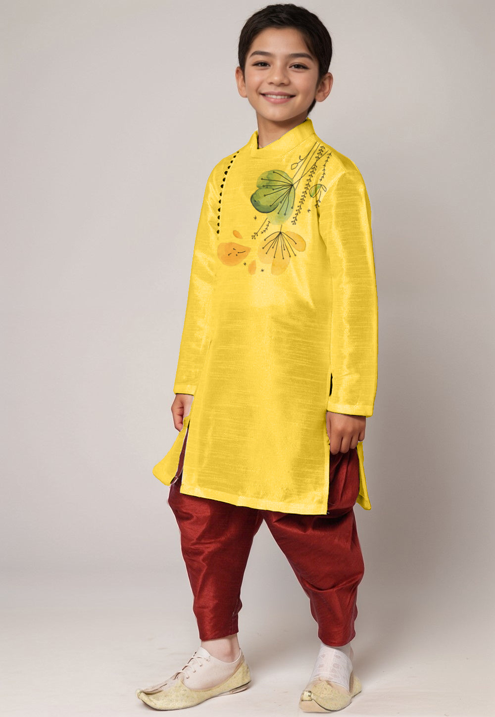 Boys Yellow Printed Kurta With Dhoti