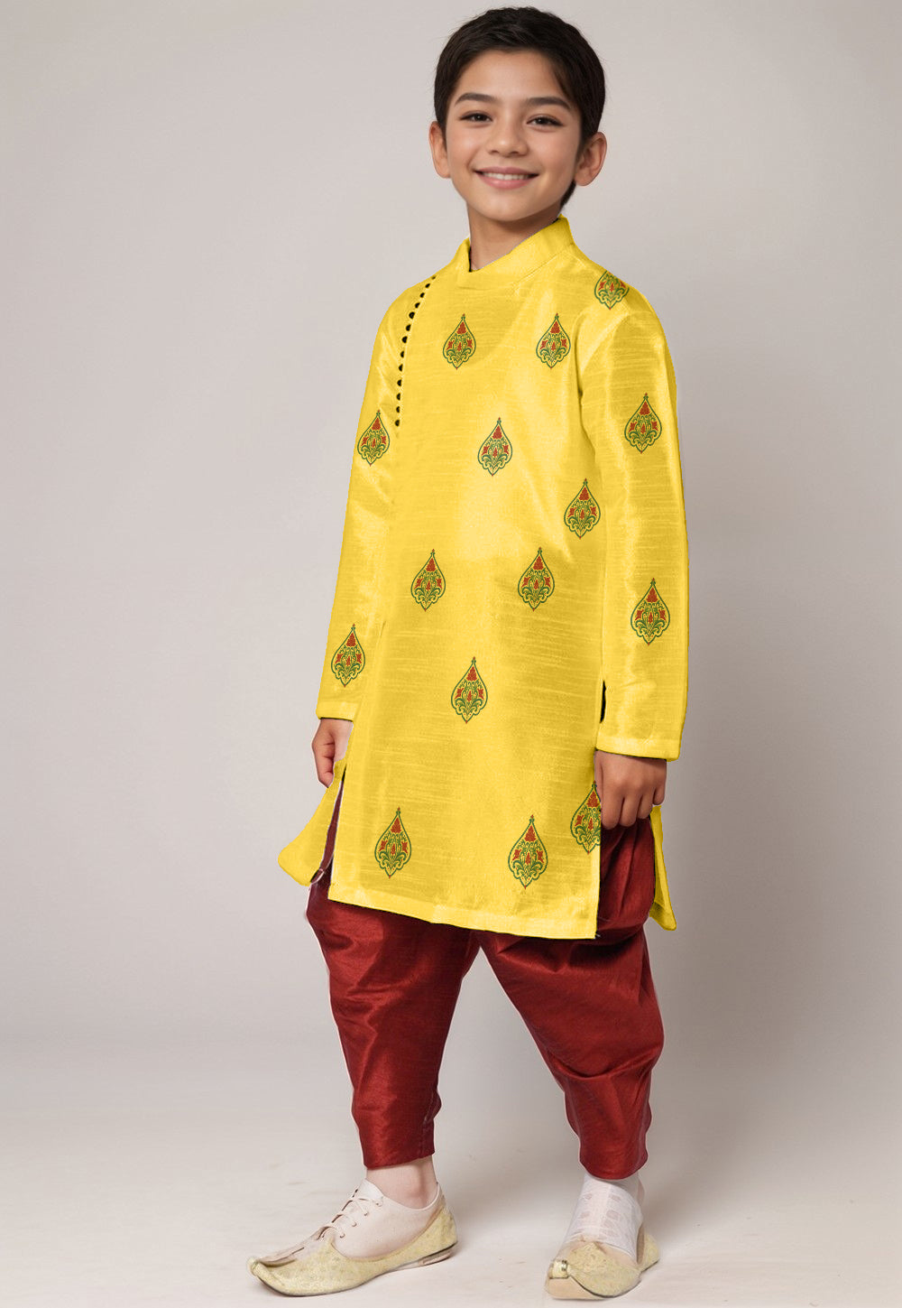 Boys Yellow Printed Kurta With Dhoti
