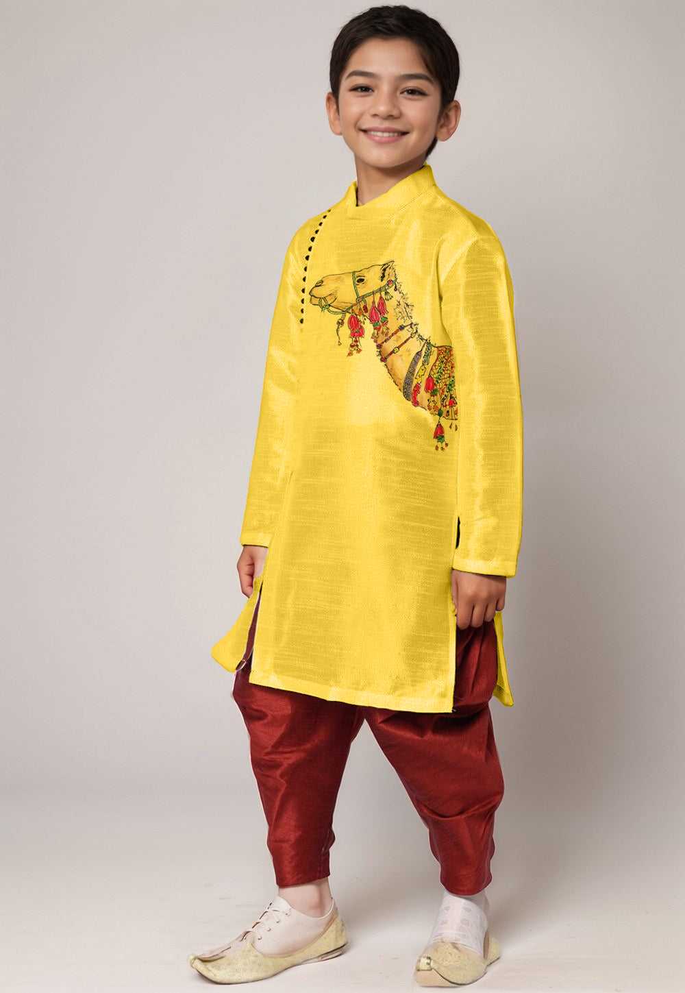 Boys Yellow Printed Kurta With Dhoti