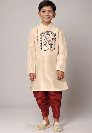 Boys Beige Printed Kurta With Maroon Dhoti.