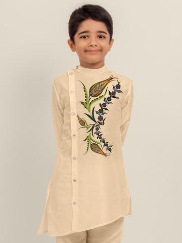 Boys Beige Printed Dupion Silk Kurta Set
