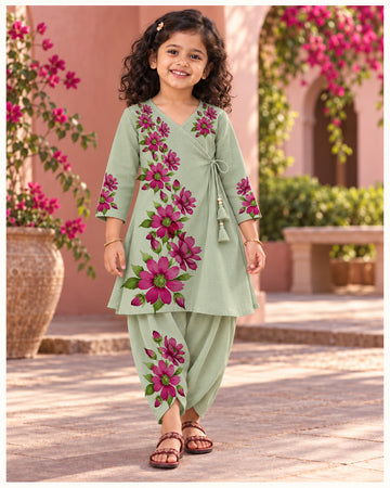 Girls' See Green Cotton Kurti with Tulip pant Set – Printed
