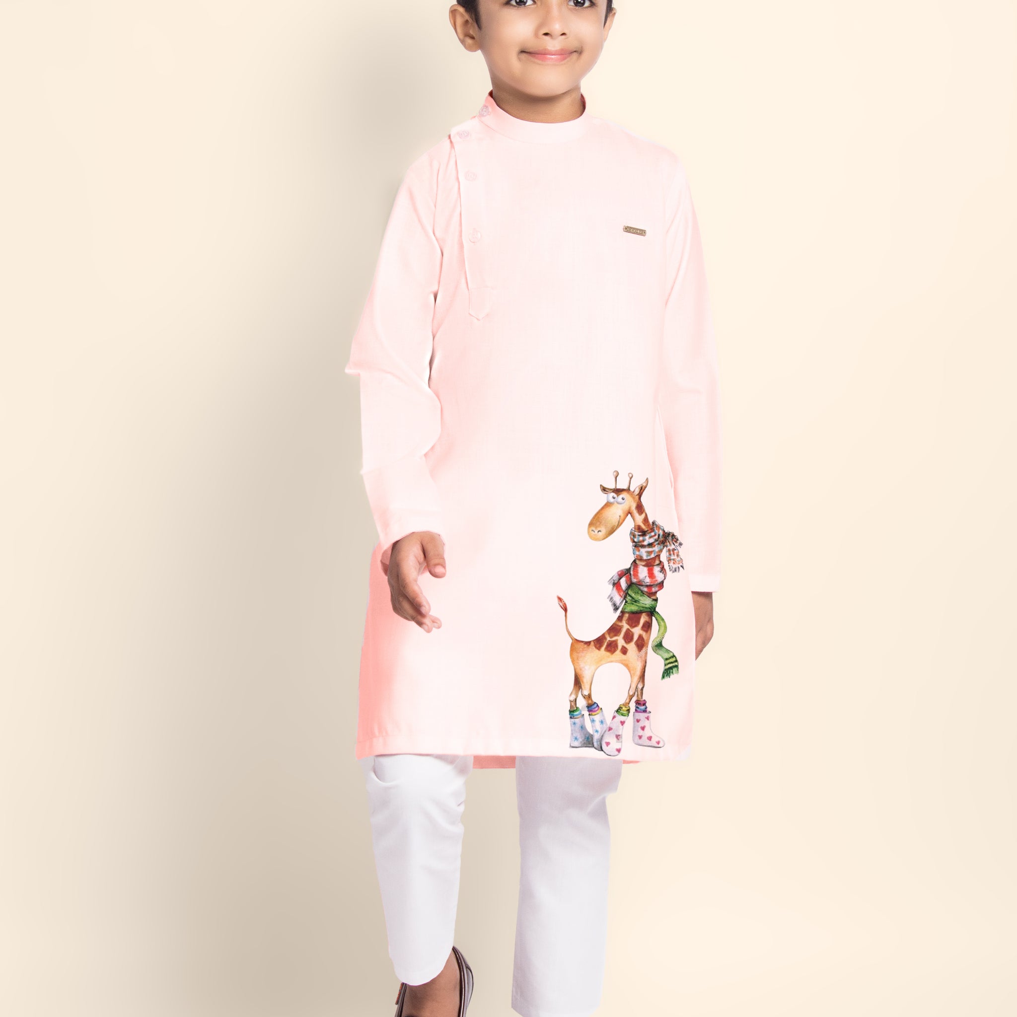 Boys Pink Printed Kurta With Pyjama