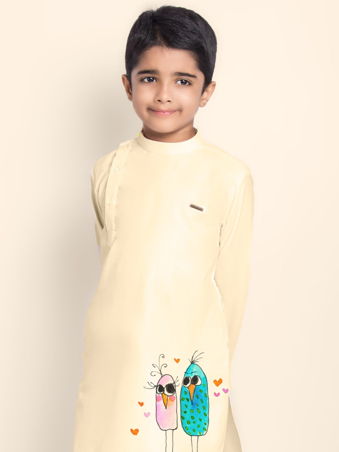 Boys Beige Printed Kurta With Pyjama