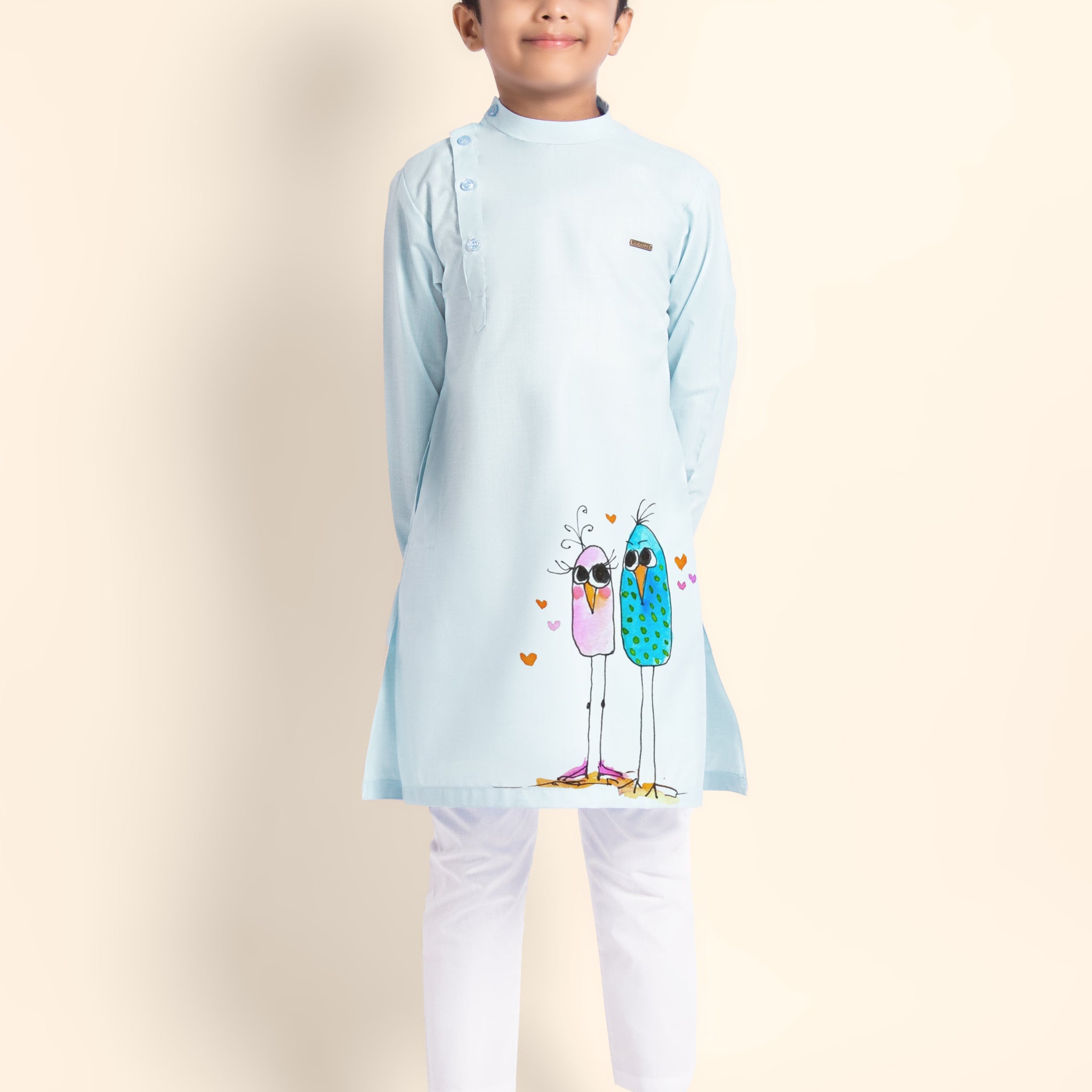 Boys Sky Blue Printed Kurta With Pyjama Set