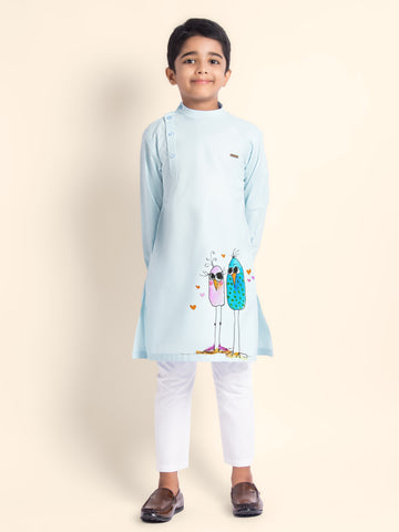 Boys Sky Blue Printed Kurta With Pyjama Set