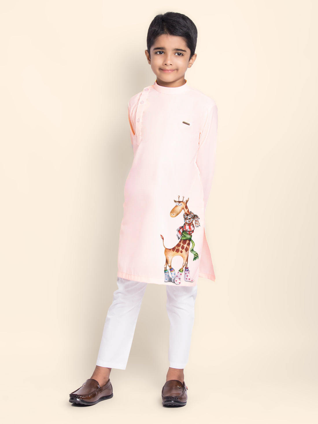 Boys Pink Printed Kurta With Pyjama