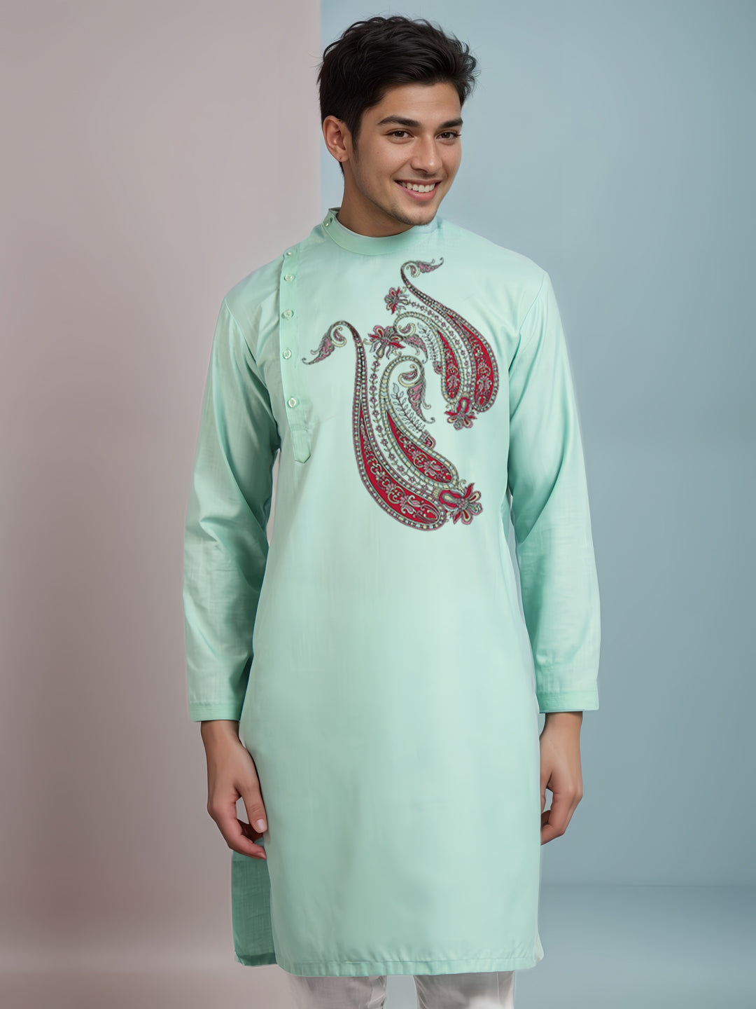Mens Green Side Placket Printed Kurta With Pyjama Set