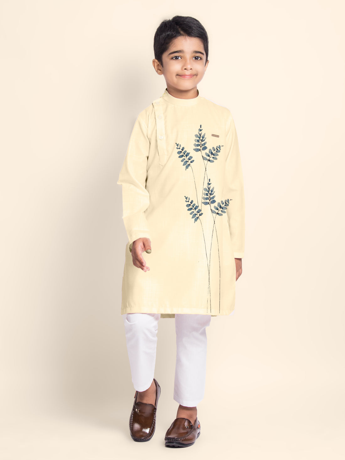 Boys Beige Printed Kurta With Pyjama