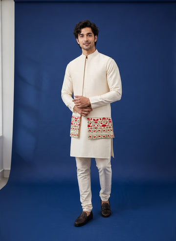 Men's Off-White Art Silk Kurta Pyjama with Printed jacket Set