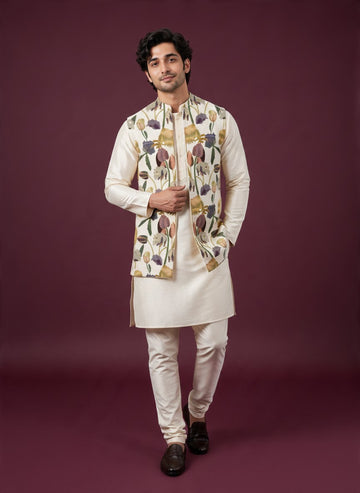 Men's Off-White Art Silk Kurta Pyjama with Printed jacket Set