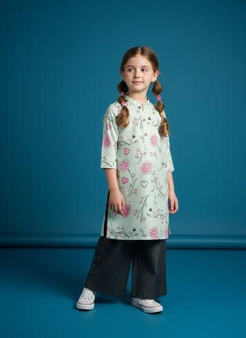 Girls' Green Cotton Kurti and Semi Palazzo Set – Printed