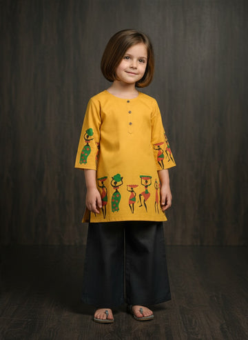Girls' Yellow Cotton Kurti and Semi Palazzo Set – Printed
