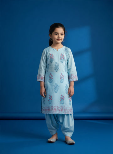 Girls' Sky Blue Cotton Kurti and Semi Patiala Set – Printed