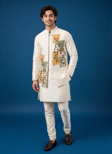 Men's Off-White Art Silk Kurta Pyjama with Printed jacket Set