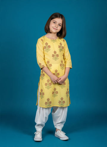 Girls' Yellow Cotton Kurti and Semi Patiala Set – Printed
