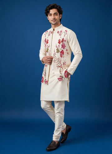 Men's Off-White Art Silk Kurta Pyjama with Printed jacket Set